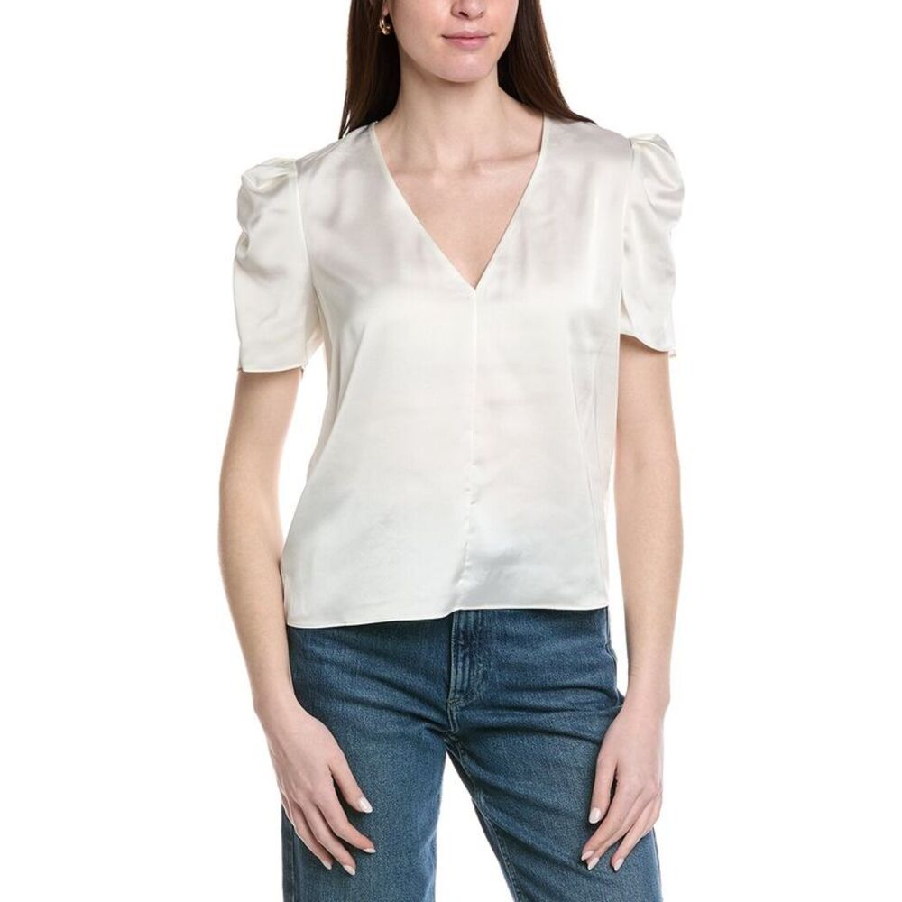 Frame Denim Womens  The V-Neck Puff Sleeve Blouse, White